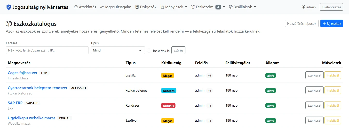Az eszközkatalógus: eszközök típussal, kritikussági besorolással, felelőssel és felülvizsgálati időközzel.