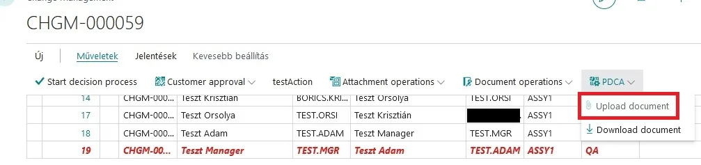 A PDCA dokumentum feltöltése menüpont a műveletek menüben.